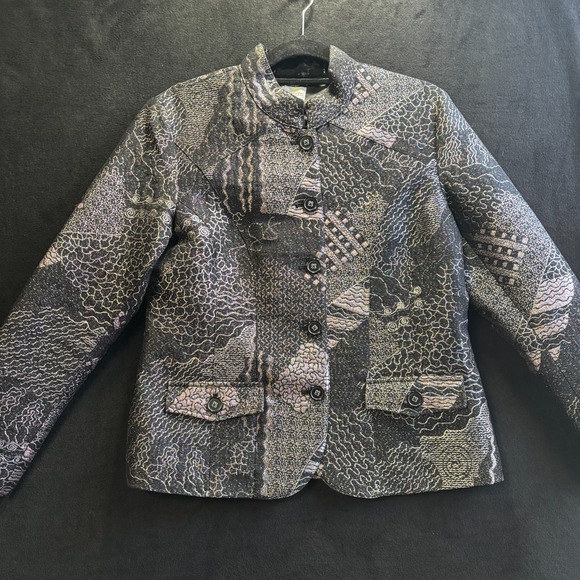 Chicos Blazer Sz 1 Medium Textured Metallic Paisley Mandarin Collar Button Front - Picture 2 of 11